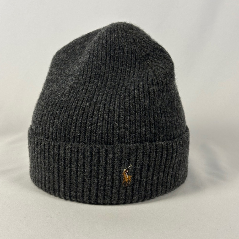 Polo Ralph Lauren 100% Merino Wool Beanie OS Charcoal Grey Ribbed Knit Hat